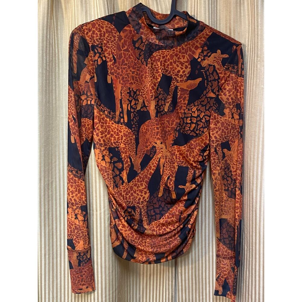 Farm Rio Giraffe Blouse Lined Mesh Long Sleeve Anthropologie Size xs